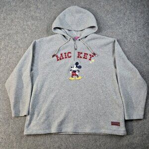 Vintage Disney Hoodie Womens Large Gray 1/4 Zip Fleece Mickey Mouse Y2k Pullover